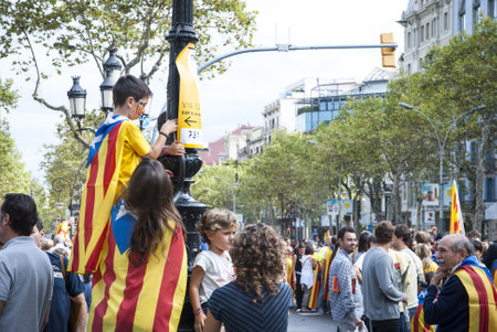 BARCELONA, SPAIN - SEPTEMBER 11: Kids waving with flags during "Catalan Way", silent demonstration for independent Catalonia in Barcelona, Spain on September 11, 2013のeditorial素材