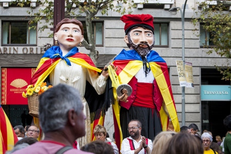 BARCELONA, SPAIN - SEPTEMBER 11: People joining the human chain "Catalan Way" crossing all Catalonia, silent demonstration for independent Catalonia in Barcelona, Spain on September 11, 2013のeditorial素材