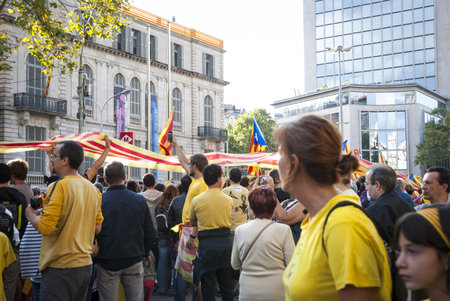 BARCELONA, SPAIN - SEPTEMBER 11: People joining the human chain "Catalan Way" crossing all Catalonia, silent demonstration for independent Catalonia in Barcelona, Spain on September 11, 2013のeditorial素材