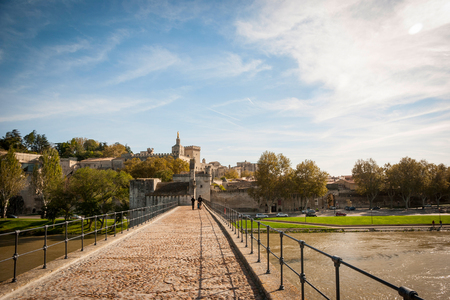 Bridge Saint Benezet with Avignon city behind, Avignon, Franceの写真素材