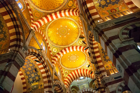Interior with golden mosaics of Notre Dame de la Garde cathedral, Marseilleのeditorial素材