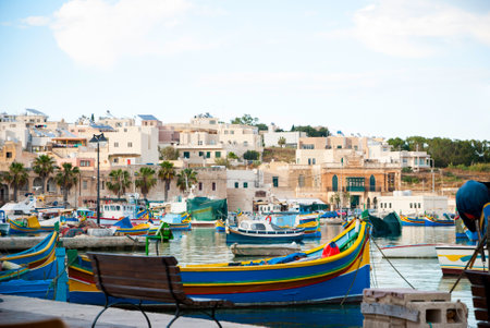 View over Marsaxlokk with boats, Maltaのeditorial素材