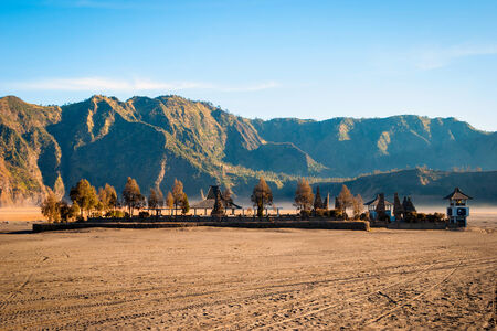 Small temple at volcanic plateau of Bromo mountain, East Java, Indonesiaの写真素材