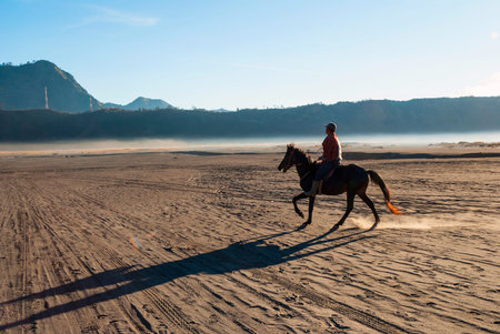 Horse rider at volcanic plateau of Mount Bromo, Java, Indonesiaの写真素材