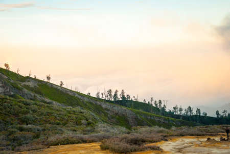 View over volcanic landscape at Kawah Ijen in Morning dawn, Java, Indonesiaの写真素材