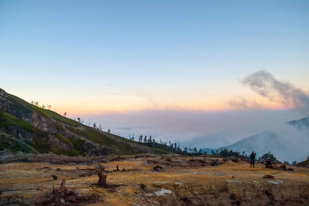 View over volcanic landscape at Kawah Ijen in Morning dawn, Java, Indonesiaの写真素材