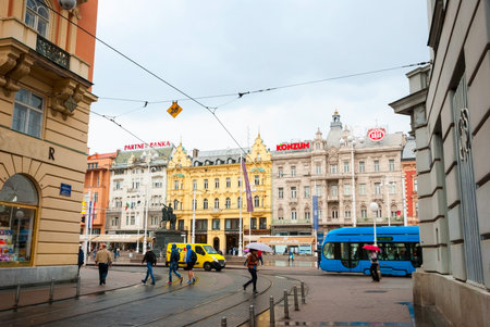 ZAGREB, CROATIA - MAY 24: Ban Jelacic square, main square in Zagreb, capital of coratia on rainy day. Taken on May 24, 2013.のeditorial素材