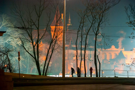 Vajdahunyad Castle at night in Budapest, Hungary.のeditorial素材