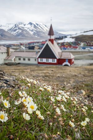 Church in summer in Longyearbyen, Svalbard, Norwayの写真素材