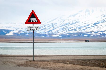 Polar bear warning signs in Svalbard, Norwayの写真素材