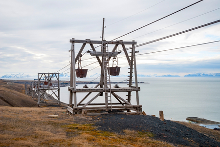 Old cable car for coal transportation in Longyearbyen, Svalbard, Norwayの写真素材
