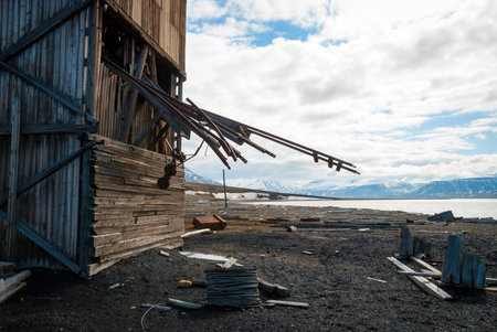 Abandoned wooden coal mine transportation station in Svalbard, Norwayの写真素材