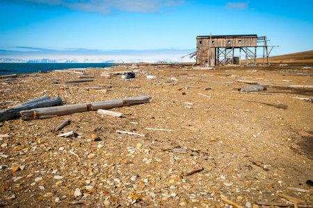 Abandoned wooden coal mine transportation station in Svalbard, Norwayの写真素材