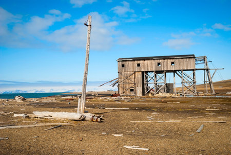Abandoned wooden coal mine transportation station in Svalbard, Norwayの写真素材