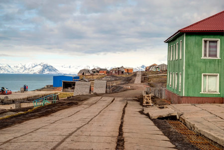 Main street in Barentsburg, russian settlement in Svalbard, Norway