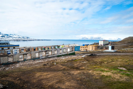 Destroyed buildings in Barentsburg, industrial russian city in Svalbard, Norwayの写真素材