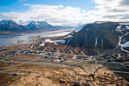 View over Longyearbyen from above, Svalbard, Norwayの写真素材