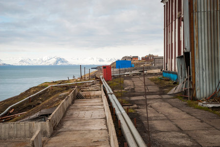 Abandoned street in Barentsburg, Russian settlement in Svalbard, Norwayの写真素材