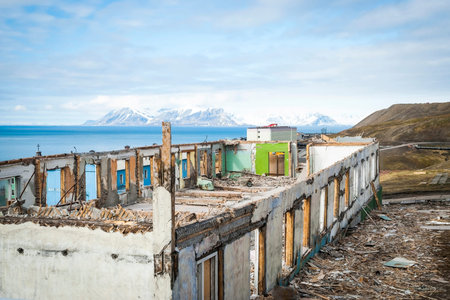 Destroyed buildings in Barentsburg, industrial russian city in Svalbard, Norwayの写真素材