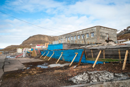View over the streets of Barentsburg, russian settlement in Svalbard, Norwayの写真素材