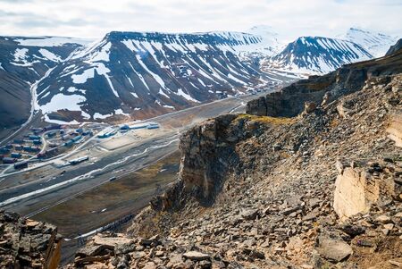 View over Longyearbyen from above, Svalbard, Norwayの写真素材