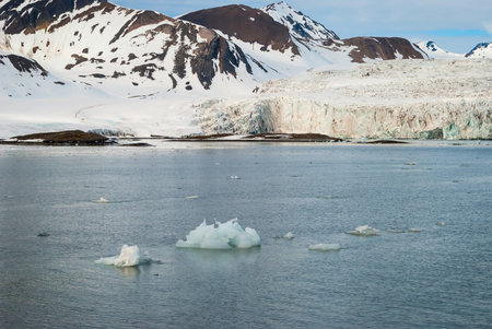 Icebergs in front of the glacier and mountains behind, Svalbard, Norwayの写真素材