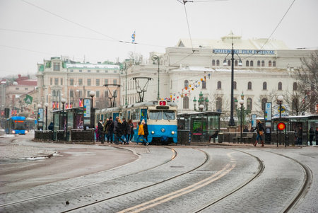 GOTHENBURG, SWEDEN - JANUARY 31: People entering the tram at the station in city centre of Gothenburg on January 31, 2015のeditorial素材