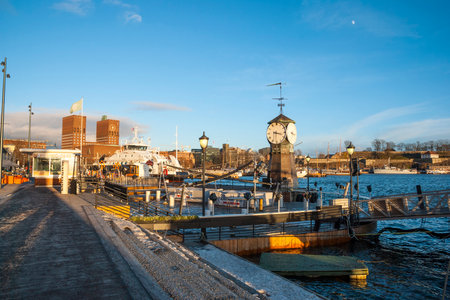 OSLO, NORWAY - JANUARY 29: Ships and boats in port of Oslo on sunny winter day on January 29, 2015のeditorial素材