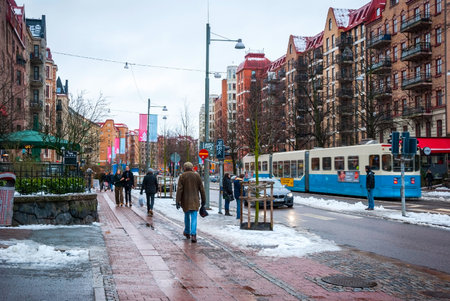 GOTHENBURG, SWEDEN - JANUARY 31: People walking on the street of Gothenburg in winter day on January 31, 2015のeditorial素材