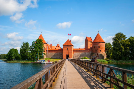Wooden brdige to Trakai castle, Lithuaniaのeditorial素材