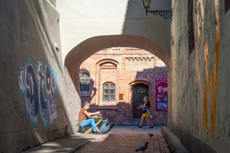 VILNIUS, LITHUANIA - JULY 2: Man performing and playing muscial instrument in Vilnius downtown in summer day on July 2, 2015のeditorial素材
