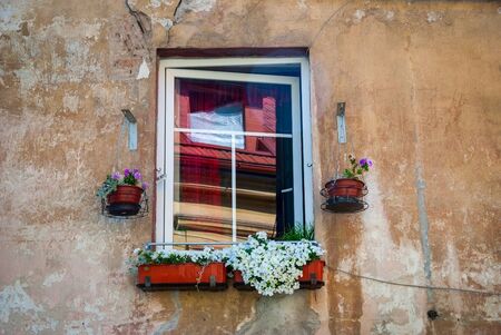 View on old window decorated with flower potsの写真素材
