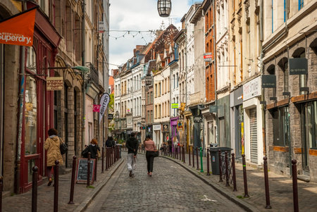 LILLE, FRANCE - JUNE 15: Busy street in Lille downtown in sunny summer day in June 15,2015のeditorial素材