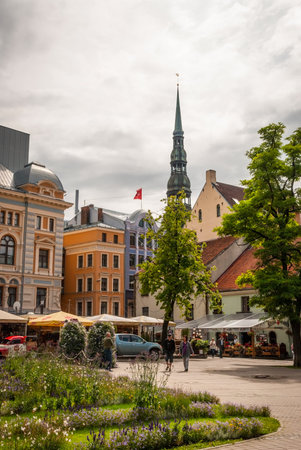 RIGA, LATVIA - 29 JULY: View on downtown with beautiful old houses in Riga. July 2015のeditorial素材