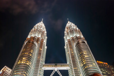 View on famous Pertonas twin tower at night, Kuala Lumpur, Malaysiaのeditorial素材