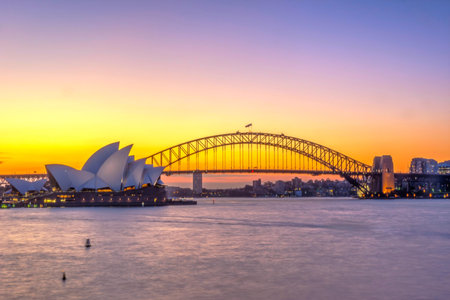 View on Sydney Opera house and harbour bridge at sunsetのeditorial素材