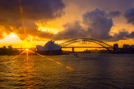 View on Sydney opera and Harbour bridge at sunsetのeditorial素材
