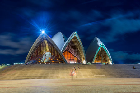 Sydney Opera house with staircase at night with moon, long exposureのeditorial素材