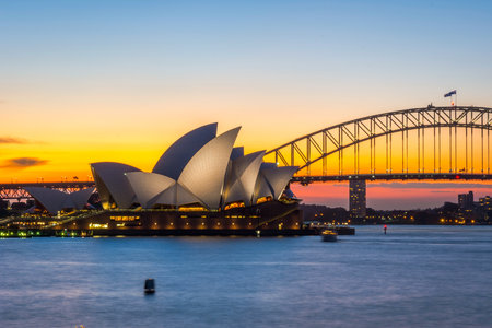 View on Sydney Opera house and harbour bridge at sunsetのeditorial素材