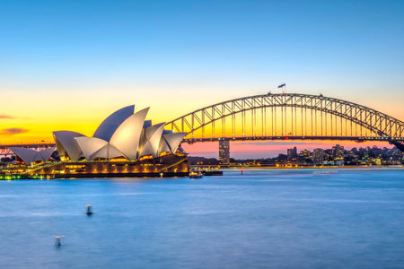 View on Sydney Opera house and harbour bridge at sunsetのeditorial素材