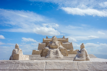 Genghis Khan statue made of salt at Chaqia salt lake Qinghai Chinaの写真素材