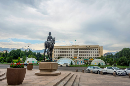ALMATY, KAZAKHSTAN - JULY 13: View to former kazakh parliament building and freedom monument at Republic square. July 2016のeditorial素材