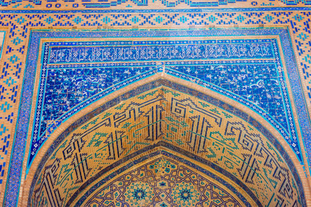 Tiles and mosaic detail of Mausoleum of Khoja Ahmed Yasawi in Turkistan, Kazakhstanの写真素材