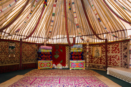 Interior of the yurt, nomadic movable house typical of central asia, Kazakhstanのeditorial素材