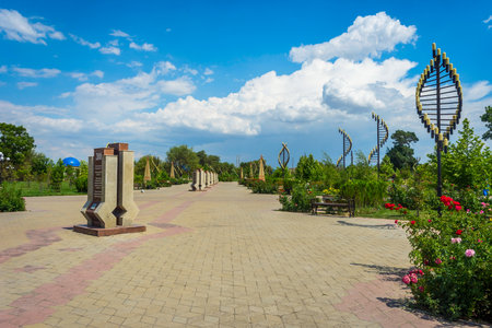 View over Shymkent independence park monument statue, Kazakhstanのeditorial素材