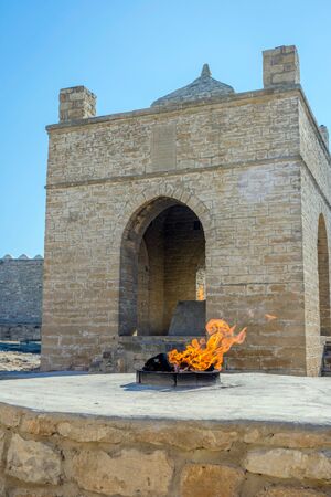 Fire burning at the fire temple, Baku, Azerbaijanの写真素材