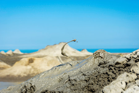 Mud volcano erupting mud, Gobustan park, Azerbaijan
