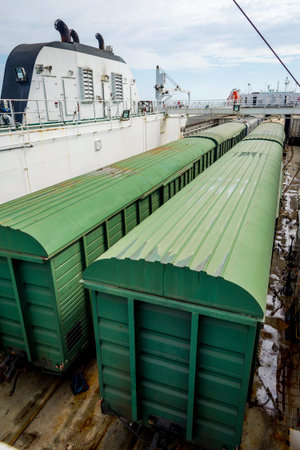 train loaded on the cargo vessel on the sea