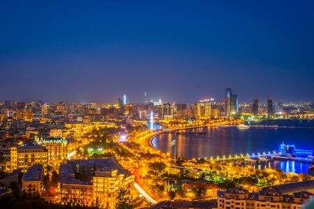 View over Baku skyline at night, Azerbaijanの写真素材