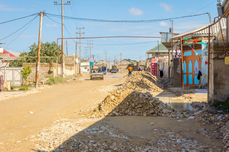 BAKU, AZERBAIJAN - SEPTEMBER 28: View on local street under construction in Baku suburbs. September 2016のeditorial素材